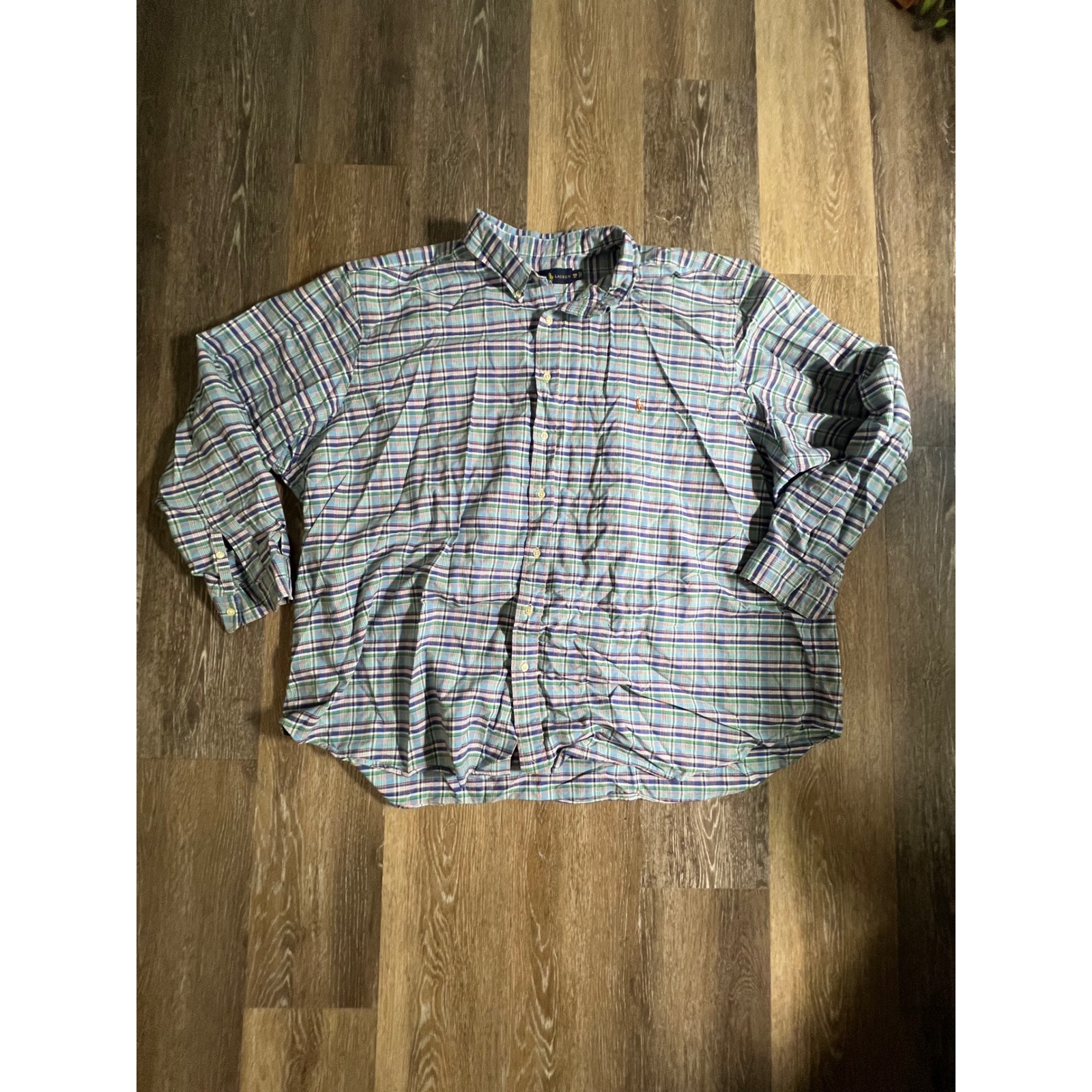 Ralph Lauren Plaid Button Down Shirt Mens 4xb Blue Green Good Long Sleeve Cotton